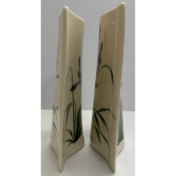 Hand-Painted Pottery Vases Floral Iris Botanical Signed Unique Shape Blue Green - Picture 4 of 6